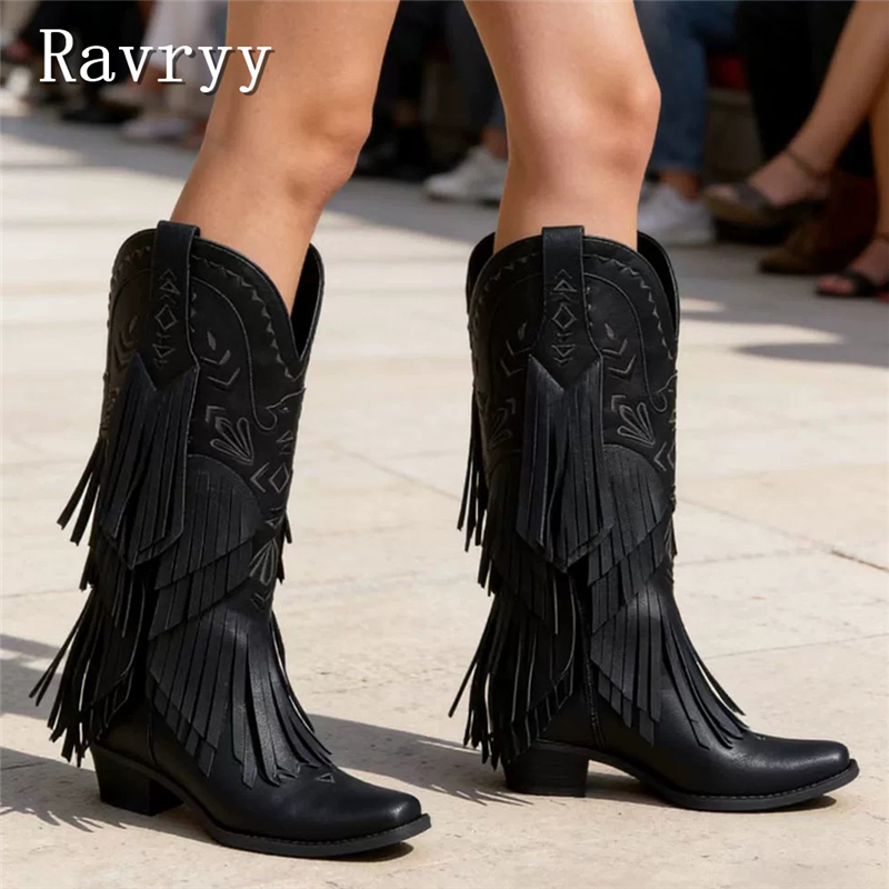 Embroidery Yes - Women Black Tassel Western Cowboy Boots