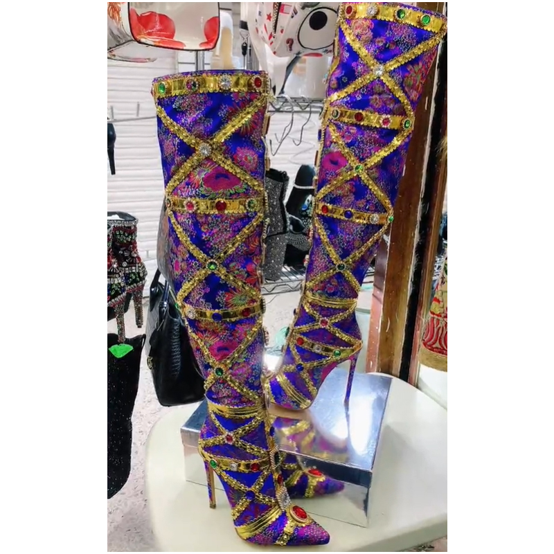 Embroidery Yes - Multicolor Gemstone Gold Trim Stitched Stiletto