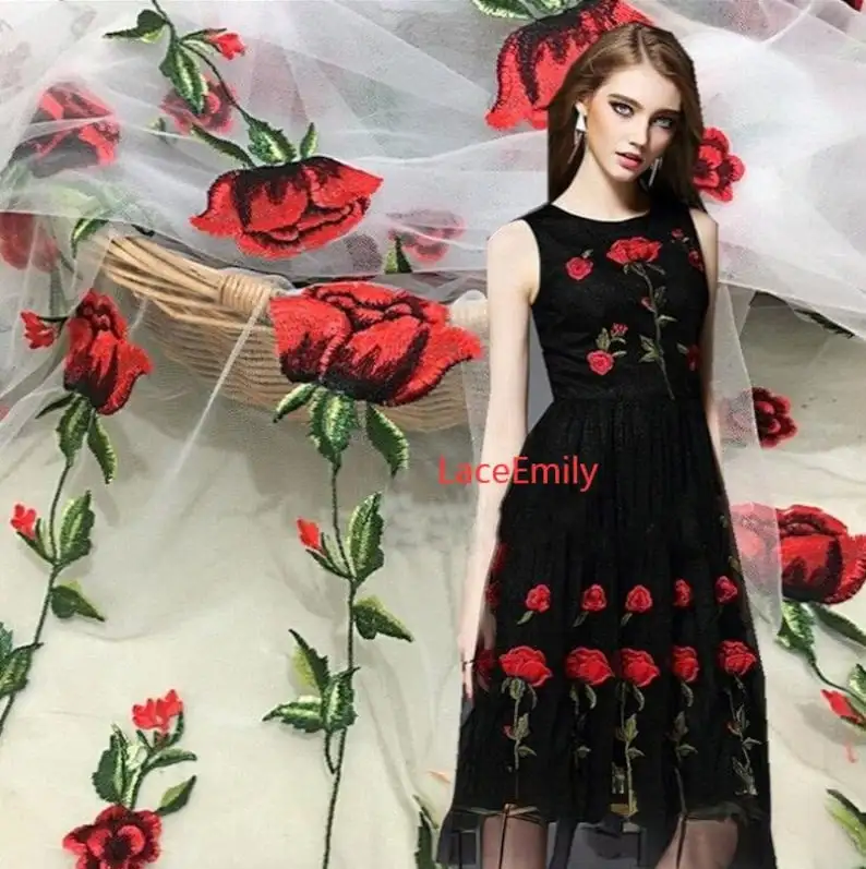 Red Rose Lace Fabric flower em - Embroidery Roses recension och pris